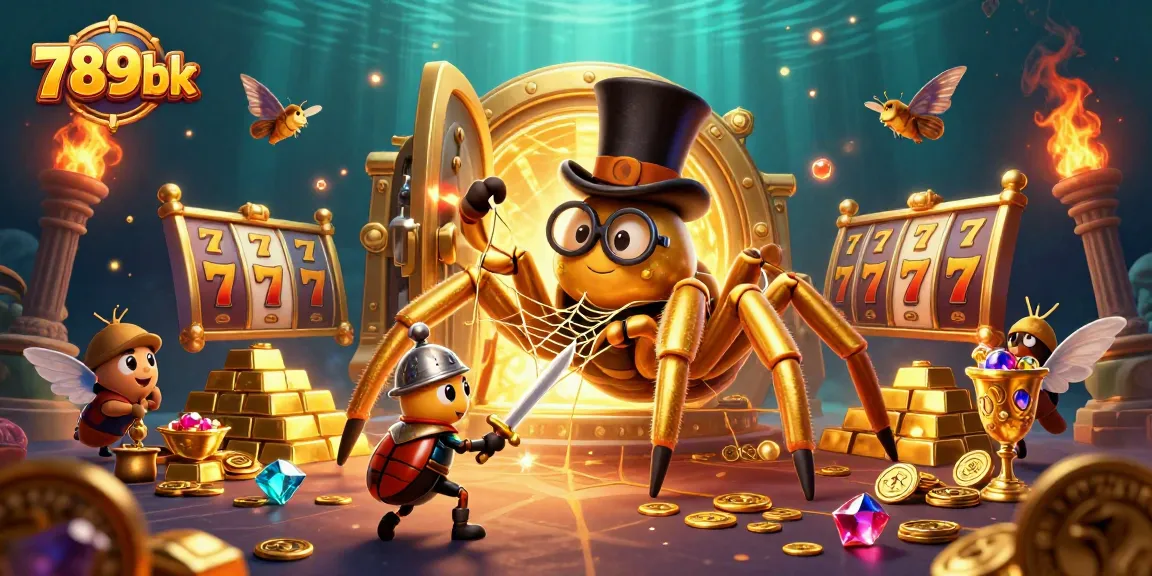 Engage with 789bk's captivating 3D casino scene featuring golden treasures and a brave beetle knight.