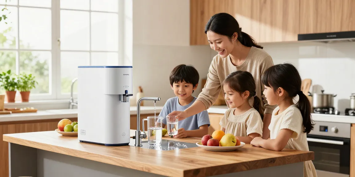 Family enjoying purified water from the Waterdrop 10UBW-UF Ultra Filtration Under Sink Water Filter System in a modern kitchen.