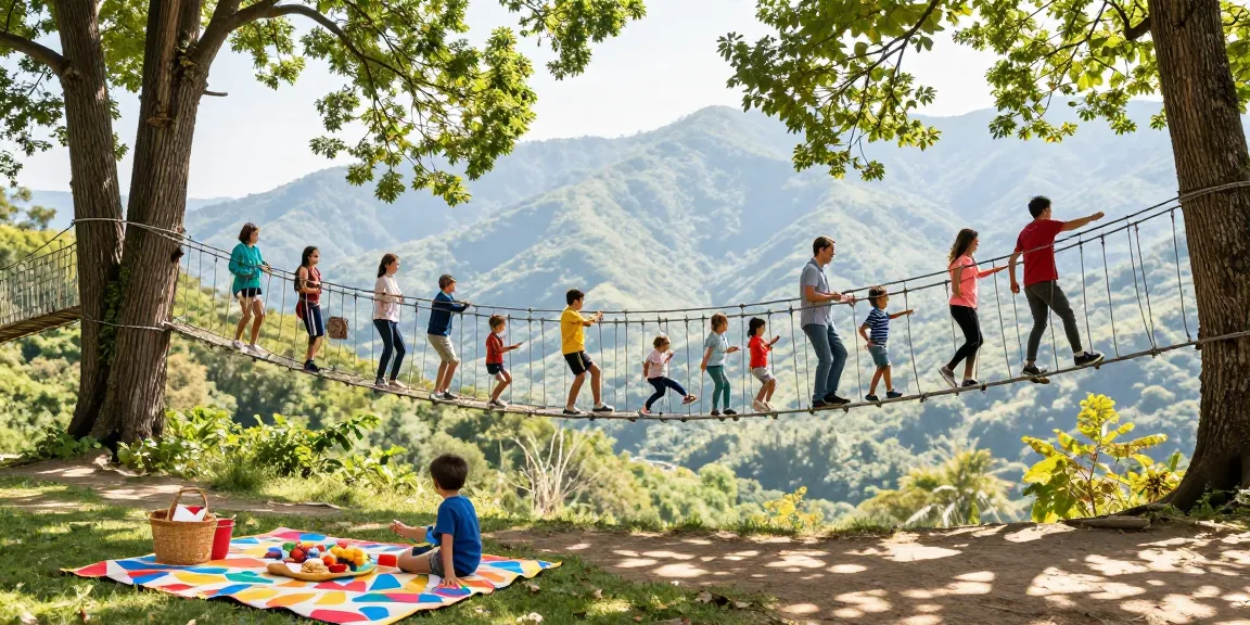 Children joyfully crossing a rope bridge design in a vibrant outdoor adventure setting.