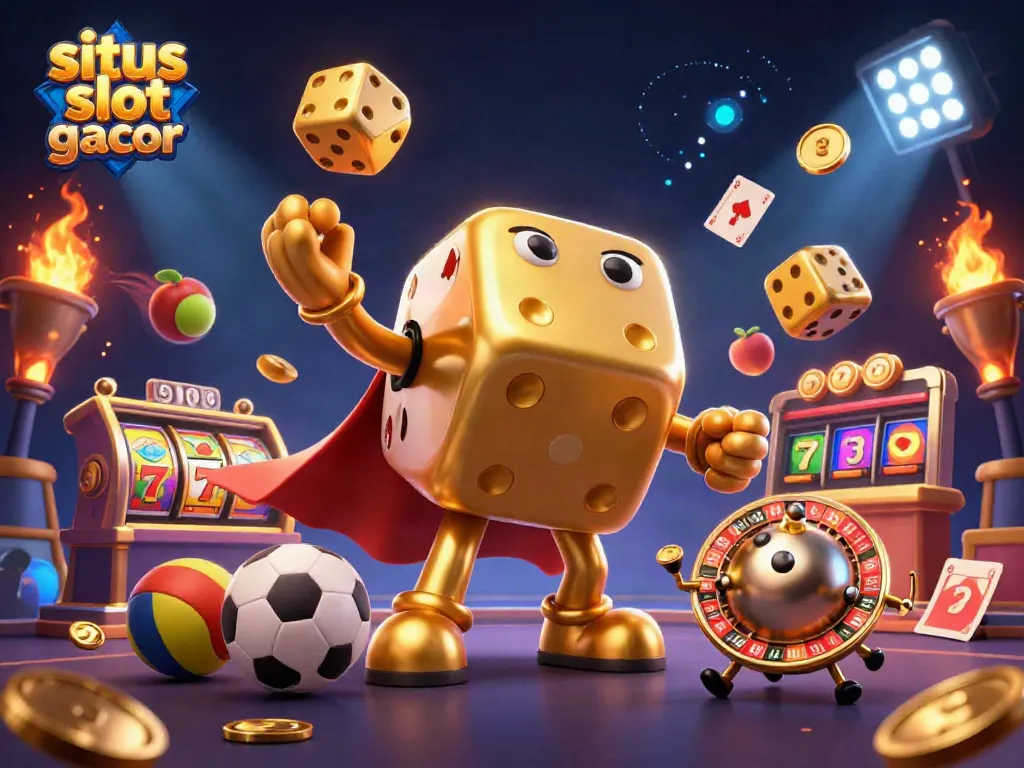 Engage with situs slot gacor showcasing a vibrant casino scene, featuring golden dice and slot elements.
