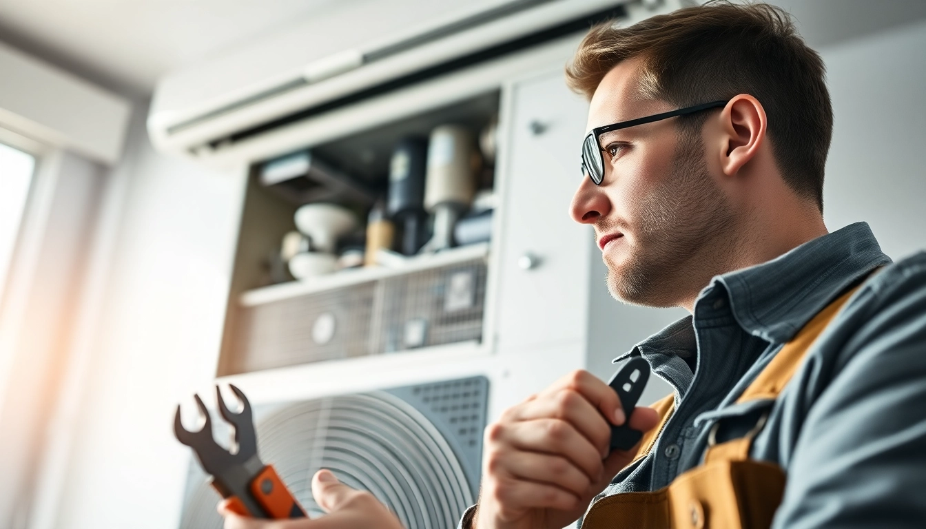 Reliable HVAC company canada technician repairing an air conditioning unit in a modern home.