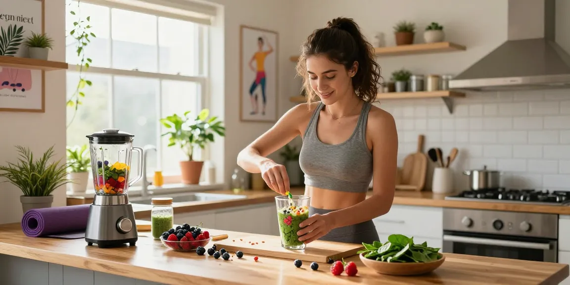 Preparing antioxidant supplement Canada smoothie in a bright kitchen.