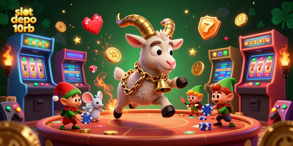 Players enjoy thrilling slot depo 10rb experiences in a festive casino illustration teeming with excitement.