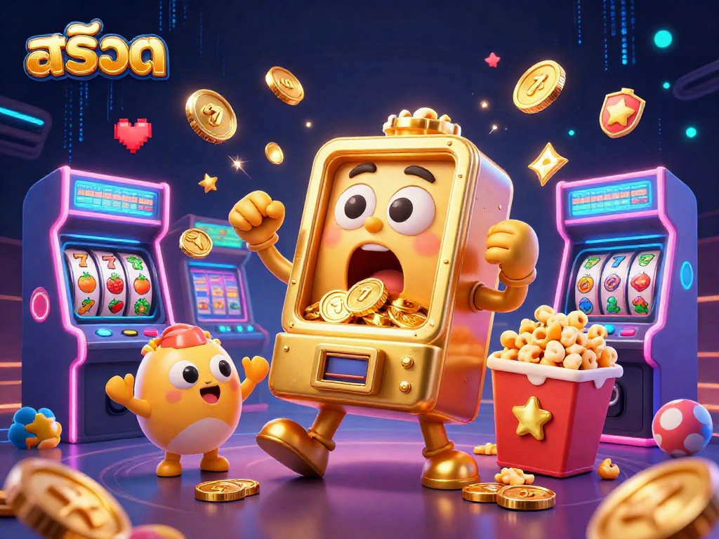 Engaging สล็อต scene with a golden slot machine celebrating a jackpot amidst colorful arcade games.