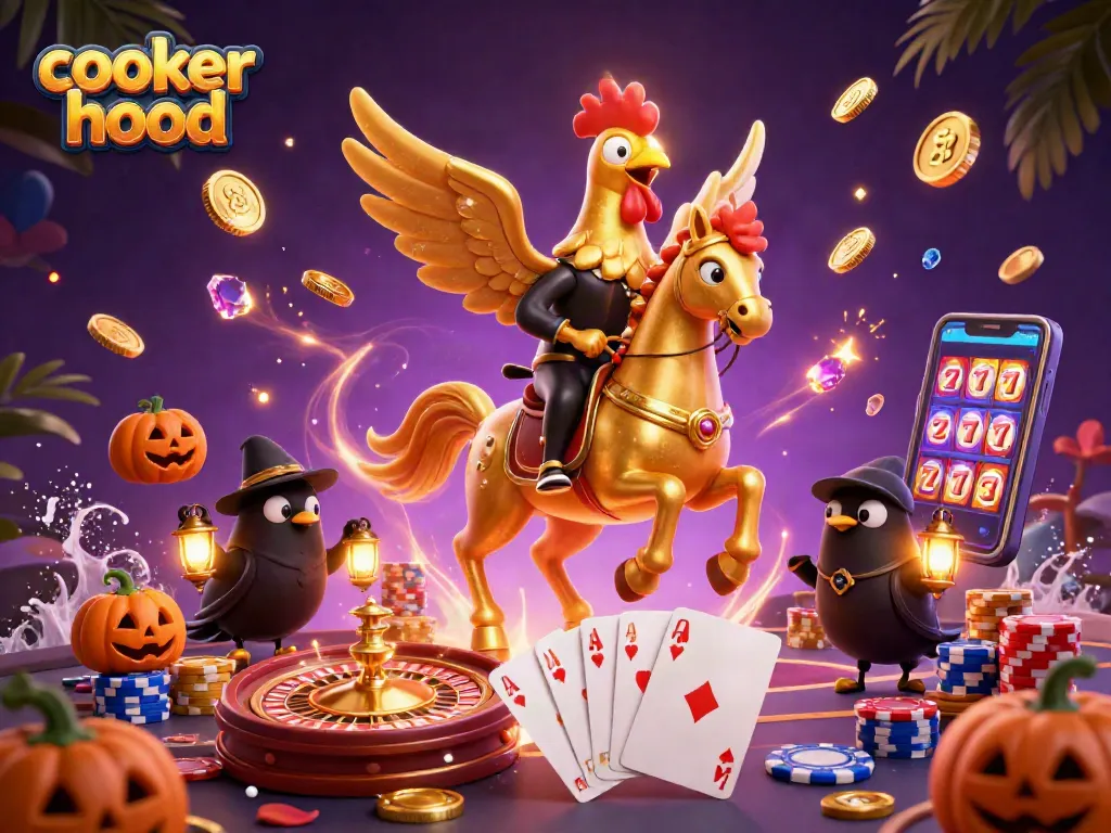 Cocktailing coins flow and jackpots shine around a vibrant cooker hood in a magical casino scene.
