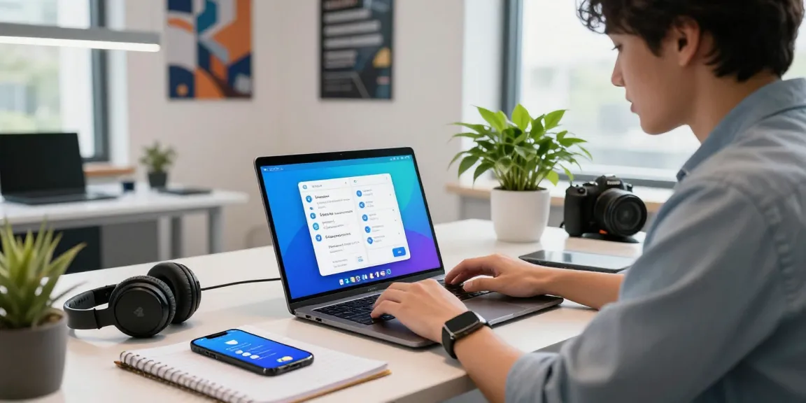 Professional using Telegram中文版 app at modern office desk with tech accessories.