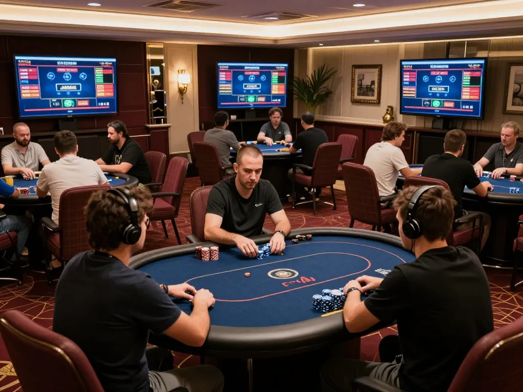 Experience Poker Online at a sophisticated virtual poker room with players engaged in high-stakes gameplay.