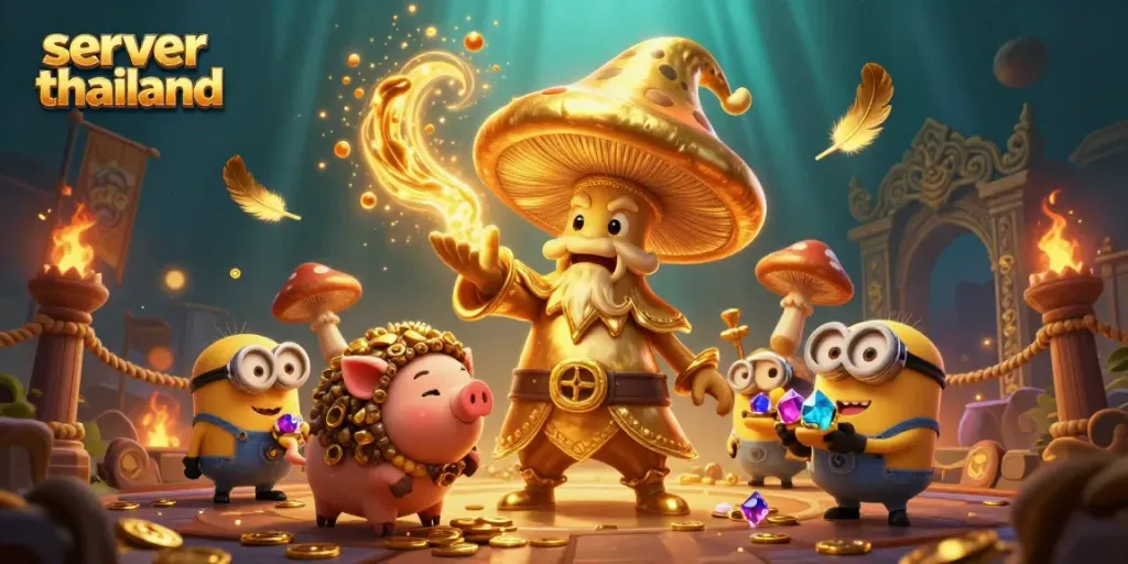 Experience the magic of server thailand with the golden mushroom wizard and treasure-hunting truffle pig.