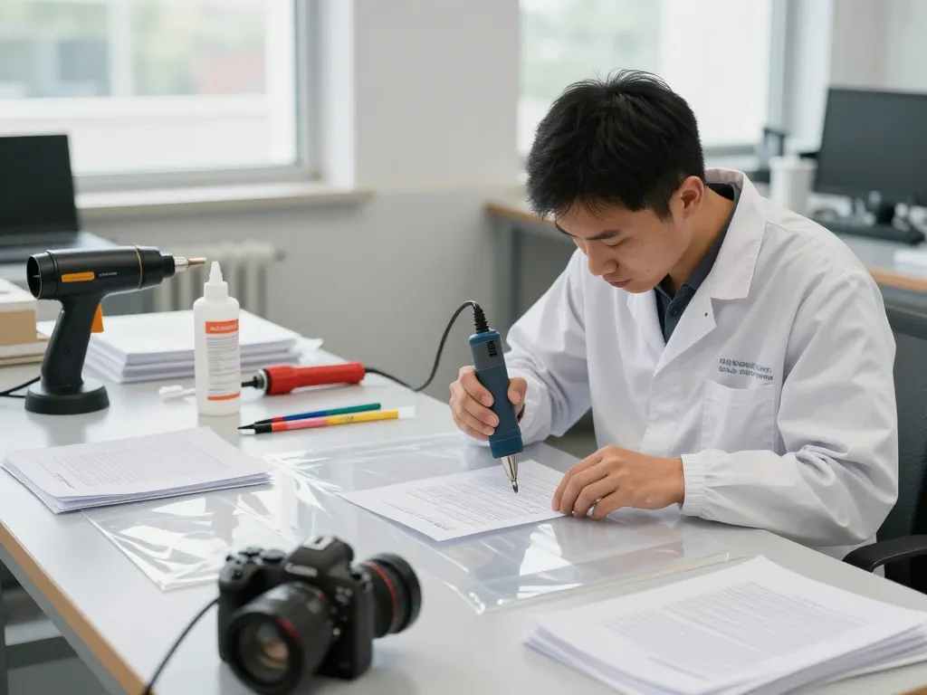 bóc ép plastic hà nội - Skilled technician performing professional plastic removal on important documents in a bright workshop.