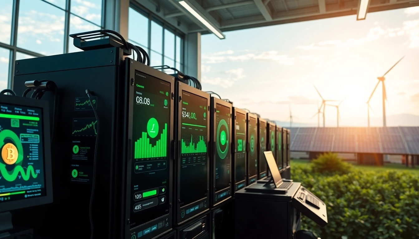 Visual representation of dogecoin cloud mining earnings with digital interface and renewable energy setup.