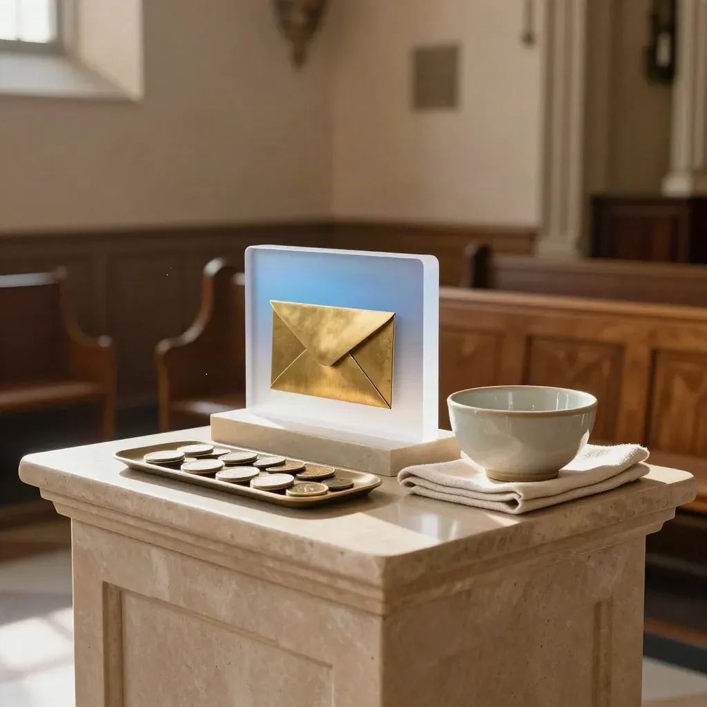Church lobby donation pedestal with acrylic holder, brass slot and ceramic bowl in soft daylight.