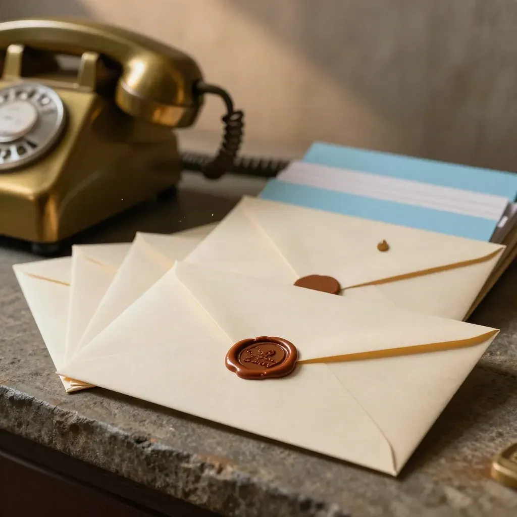 Macro sponsor outreach materials: envelopes, wax seals, brass phone, and card file on stone.