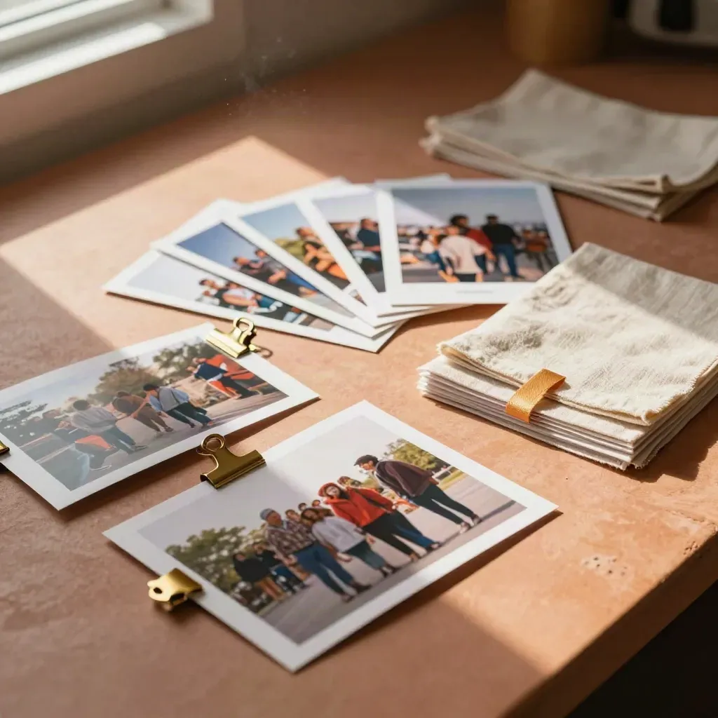 Story promo materials fanned on a terracotta workbench in soft window light.