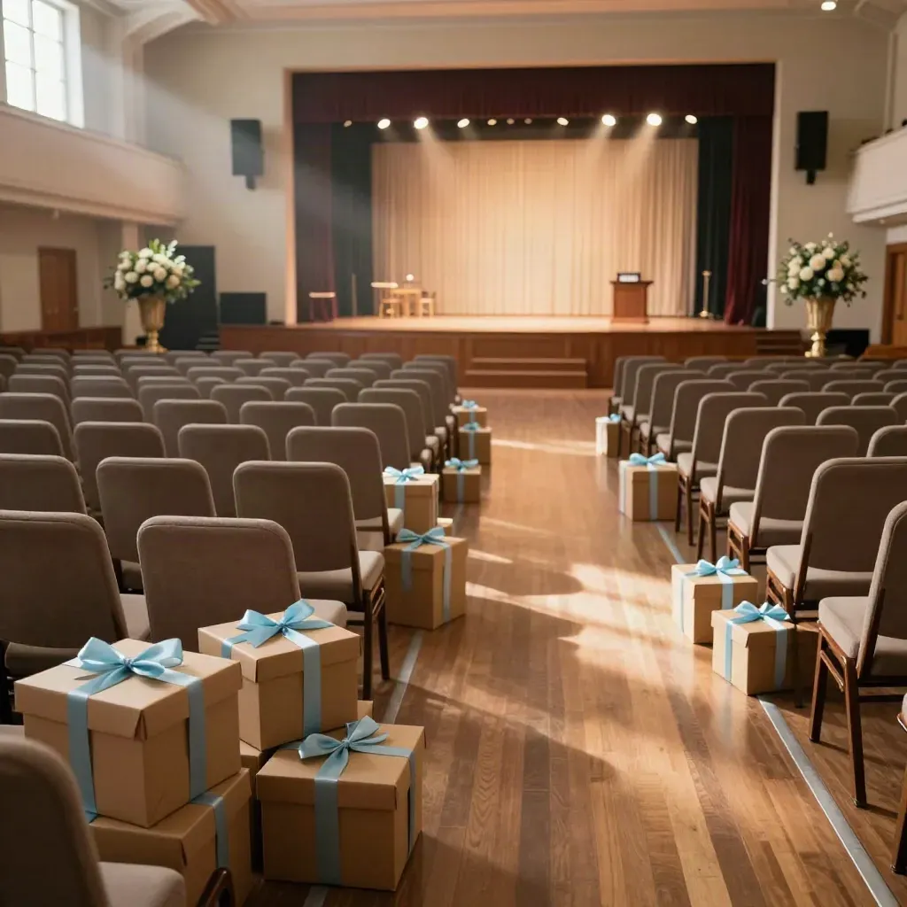 Empty fellowship hall set for a church drive, with stacked gifts, floral urns, chairs, and a lit stage