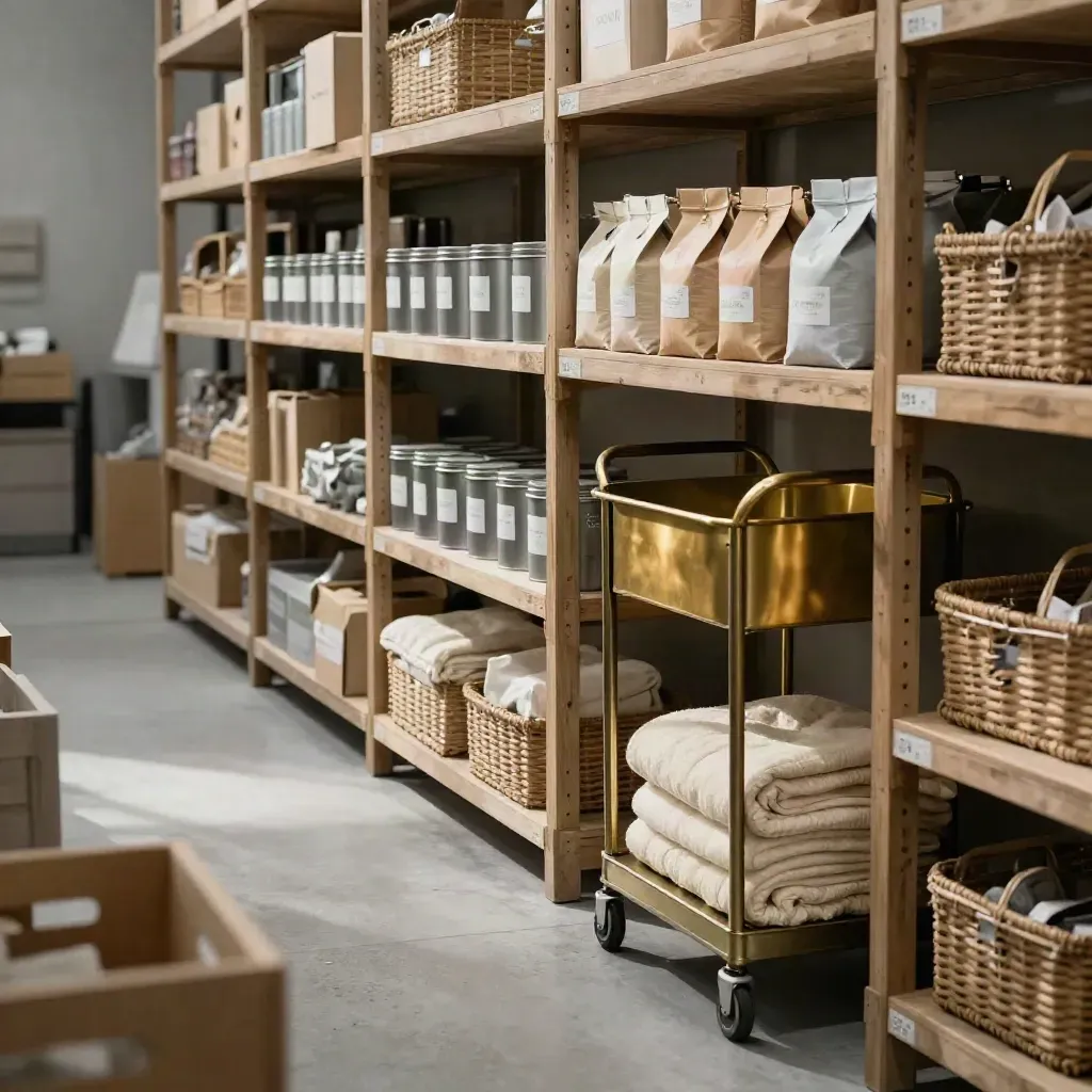 Overflowing pantry crates and gift bins in a bright warehouse aisle, ready for steady donations.