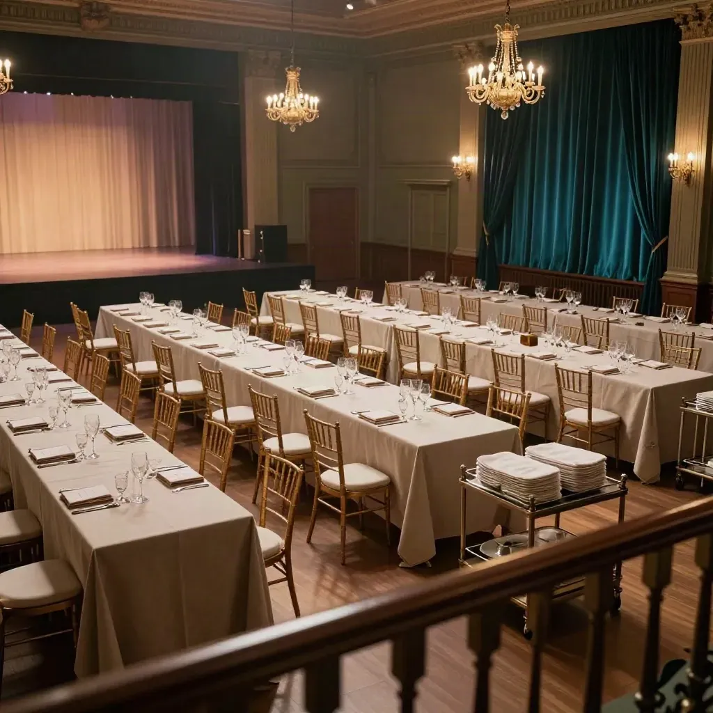 Empty school gala ballroom with set tables, face-down programs, warm stage lights, and service carts.