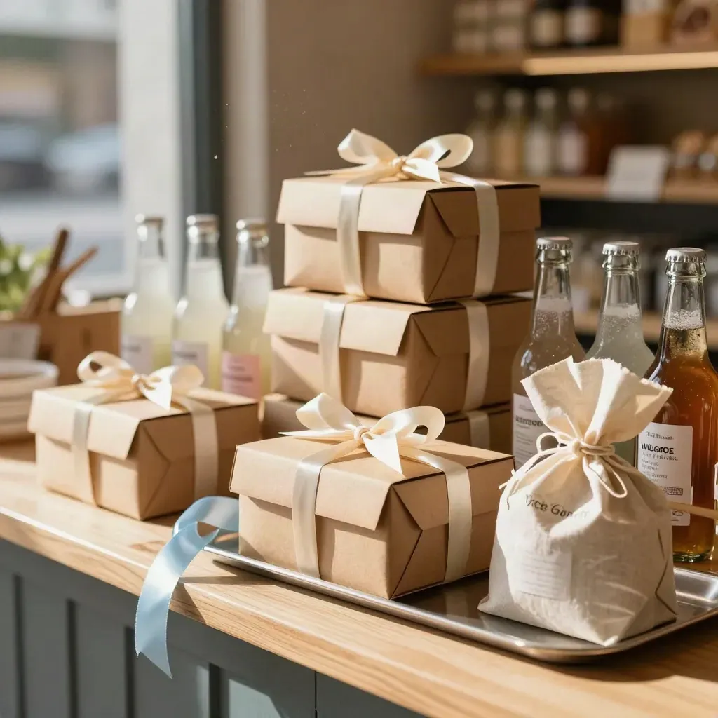 Kraft sponsor gift boxes, ribboned packets and drinks on a sunlit counter with a soft blue ribbon