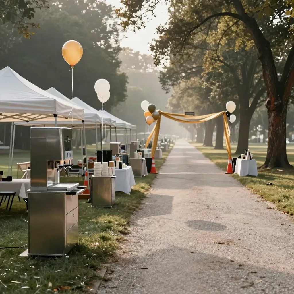 Park walk setup with tents, water stations, balloons and a start arch in morning mist.