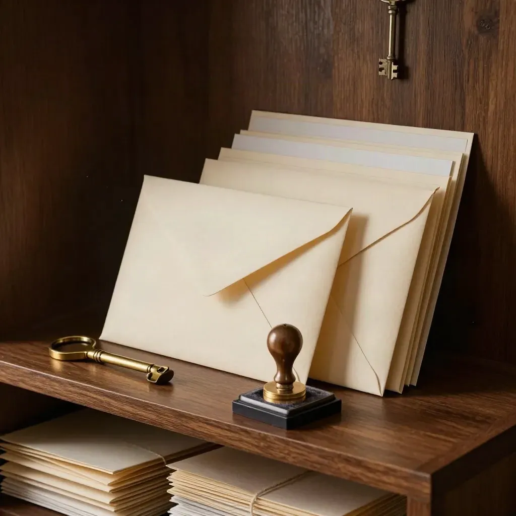 Cream envelopes, brass opener, stamp pad and blank-tab card file on a walnut surface.