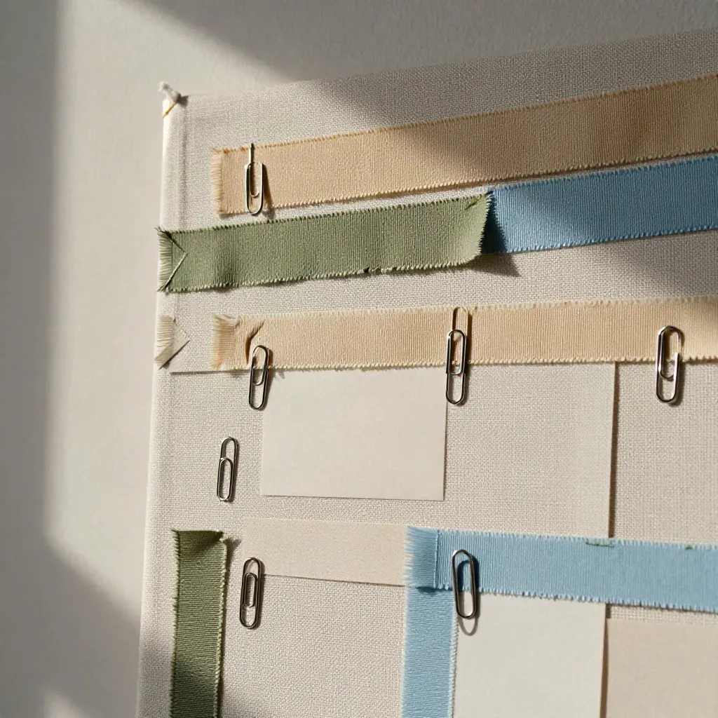 Macro of a linen mood board with cropped prints, ribbon swatches, and paper clips.