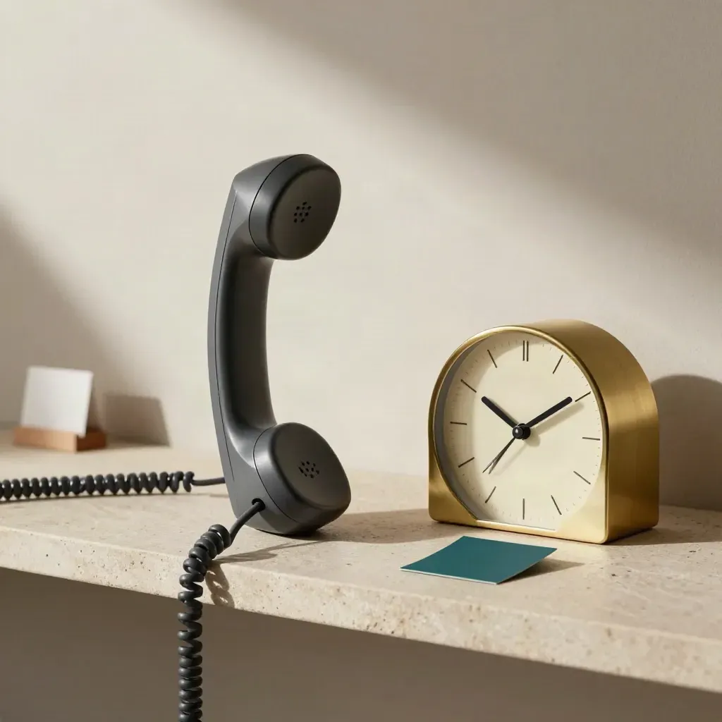 Cordless handset, brass clock, calendar cubes, and teal token on a stone shelf.