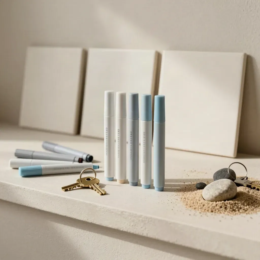 Keys, magnetic markers, color chips, and wall tiles on a matte ledge in soft morning light.