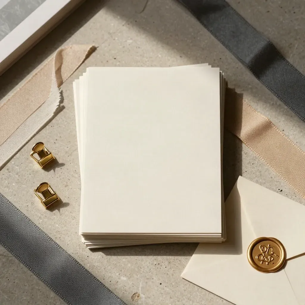 Overhead flatlay of paper stock, ribbon swatches, gold clips and wax seals on concrete.