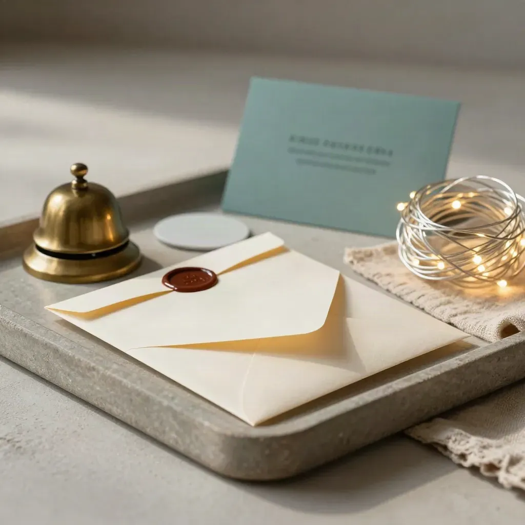 Tray still life with sealed envelopes, a face-down phone cradle, string lights, and a brass bell.