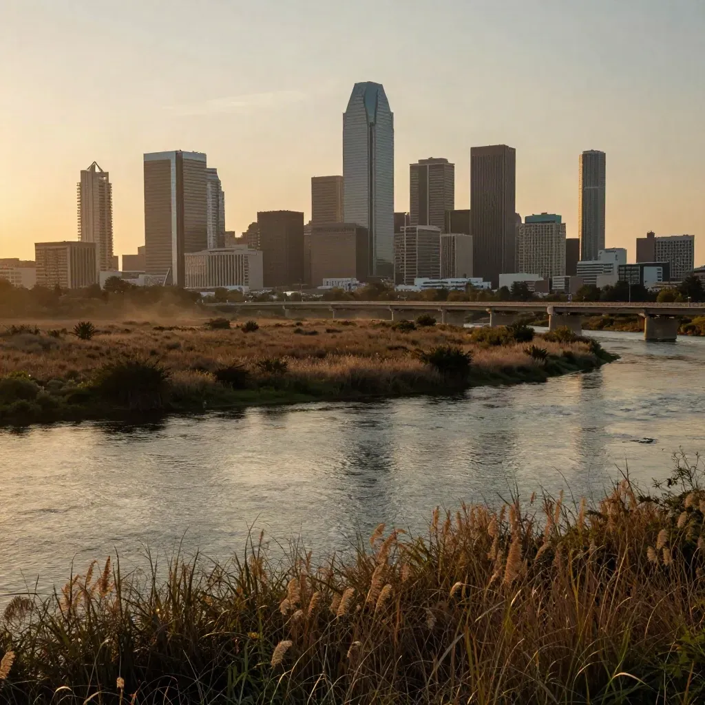 Dallas skyline above Trinity wetlands at sunset, bridges and grasses under golden haze
