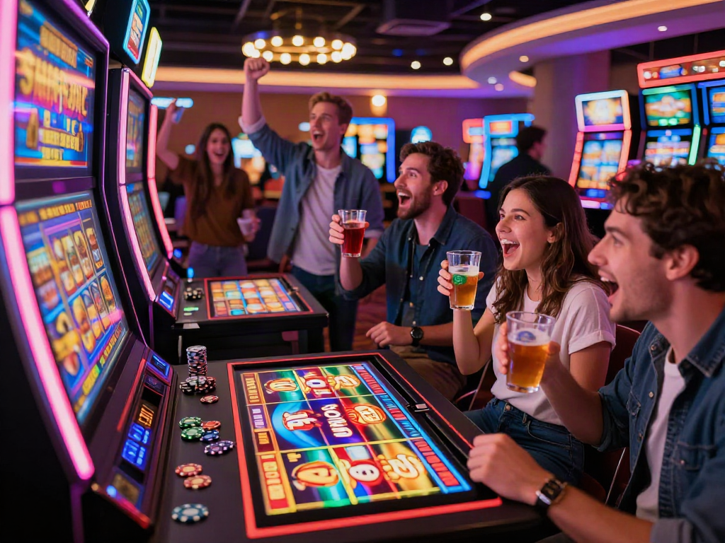 Exciting scene at a casino with friends playing slot luar negeri on a vibrant machine.