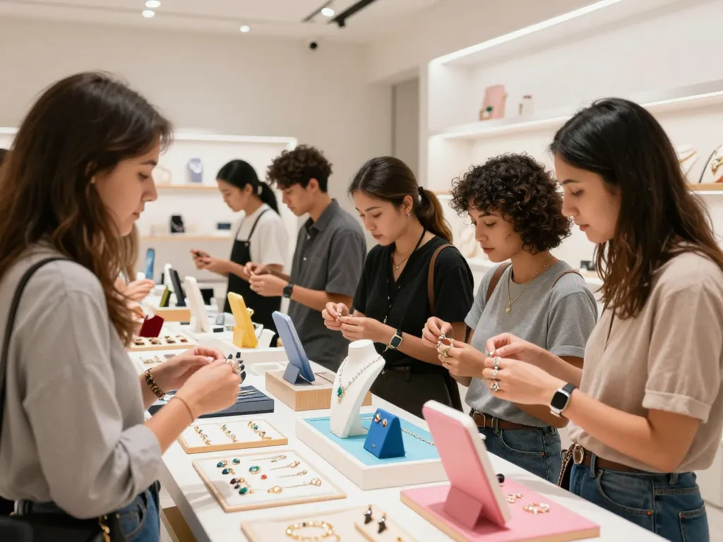 Shoppers exploring jewelry in a vibrant store, the best site reflects exciting retail moments.