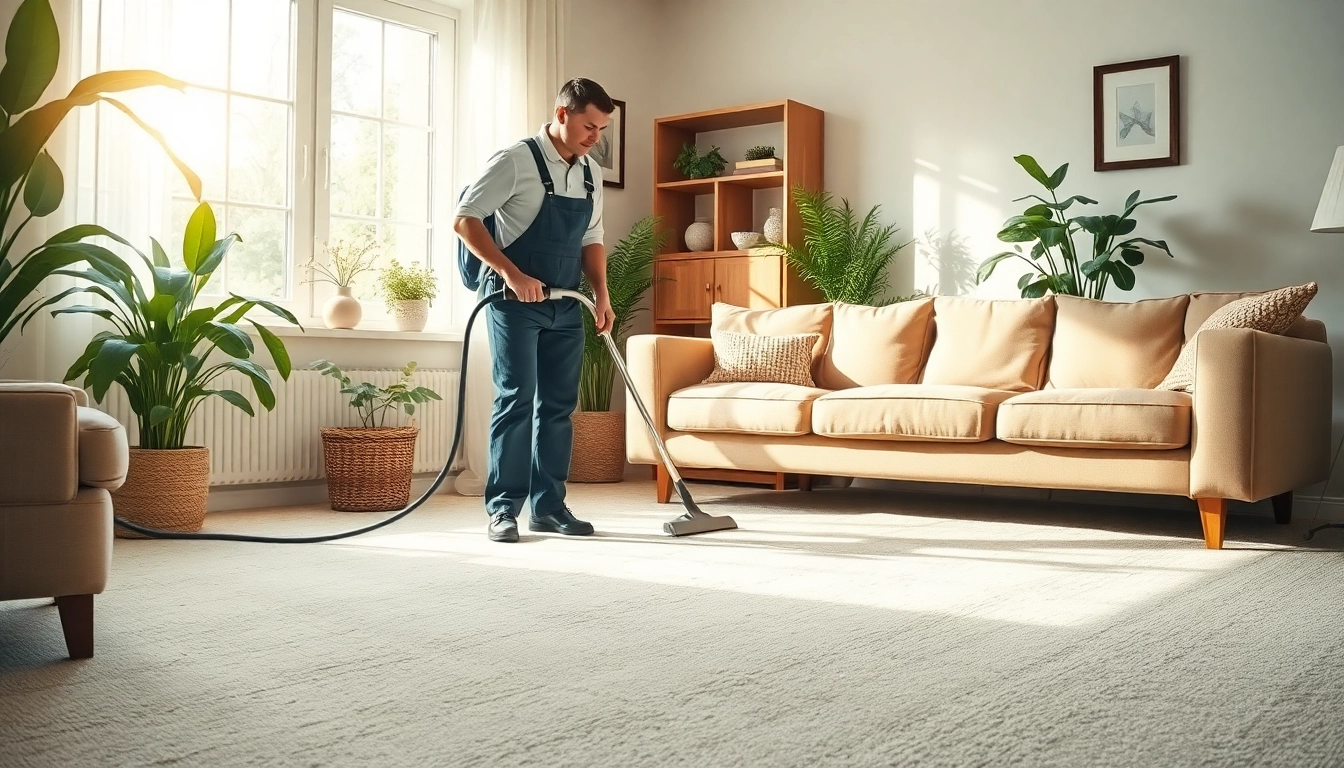 Professional using the best carpet cleaners near me for spotless carpets in a cozy living room.
