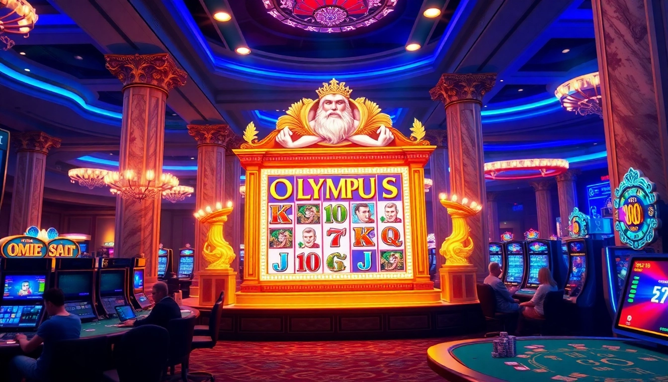 Para pemain berinteraksi dengan mesin slot Olympus yang berwarna-warni dalam suasana kasino yang mendebarkan.