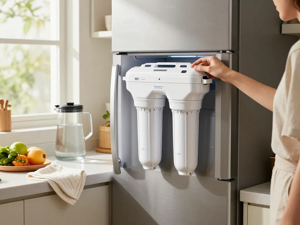 Replacing the Waterdrop LT1000PC ADQ747935 MDJ64844601 Refrigerator Water Filter in a modern kitchen, showcasing fresh produce and a bright atmosphere.