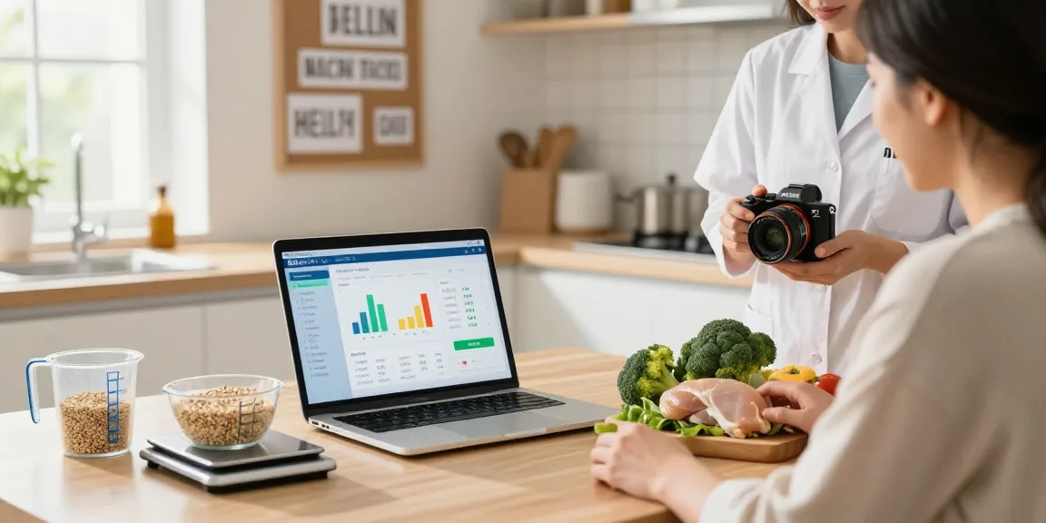 Nutritionist guiding meal prep with the best AI macro tracker on a laptop, showcasing healthy ingredients and a bright kitchen.