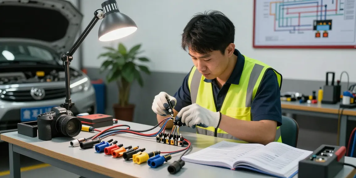 Technician installing automotive electrical connectors in a workshop, showcasing precision and care.