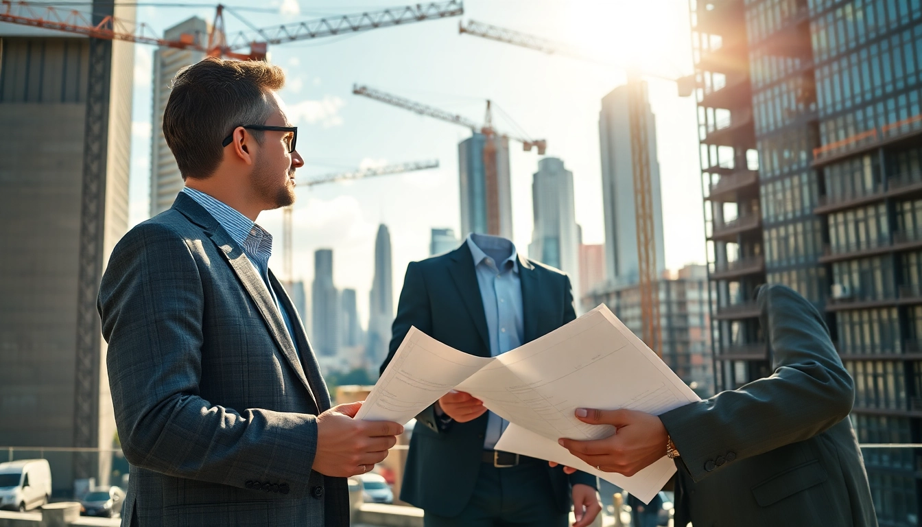 Dynamic scene of a Real Estate Developer at a construction site with blueprints and cranes.