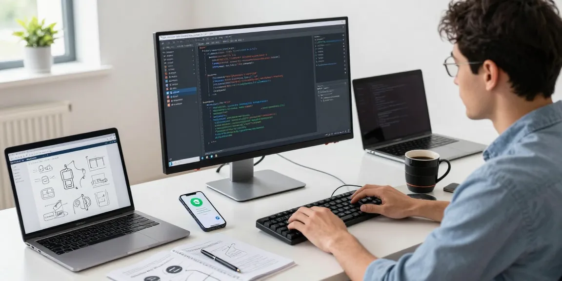 Innovative workspace focusing on a developer coding Telegram中文版 using multiple devices in a modern tech environment