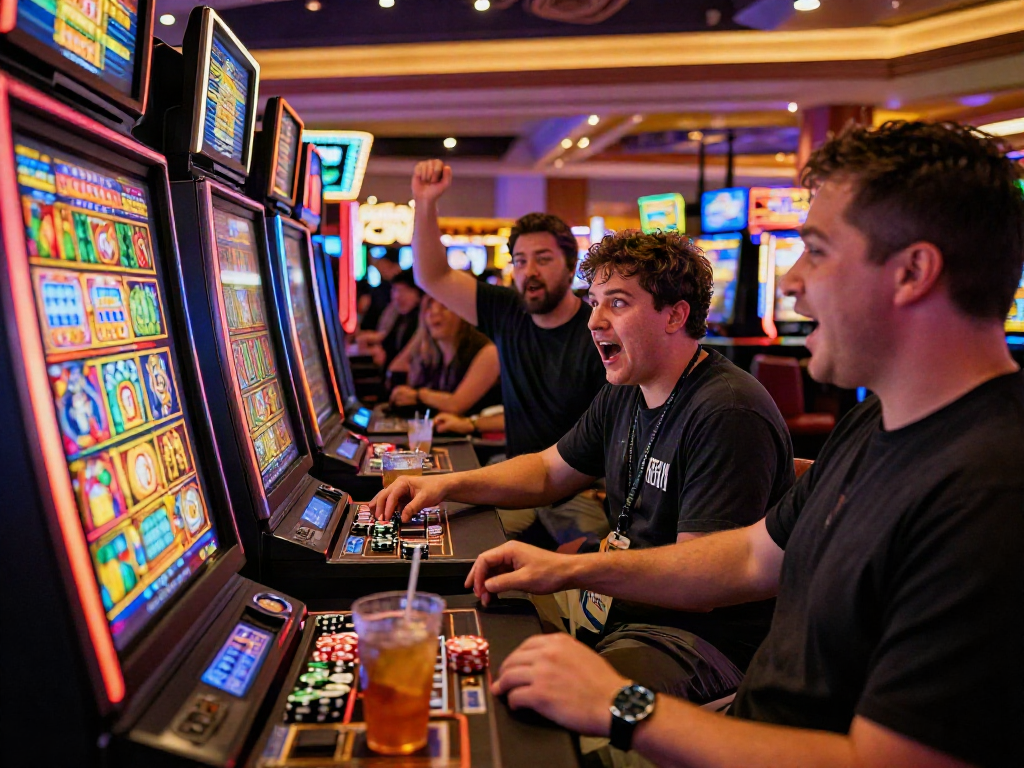 Excitement around the slot bonus feature at a dynamic casino gaming scene.