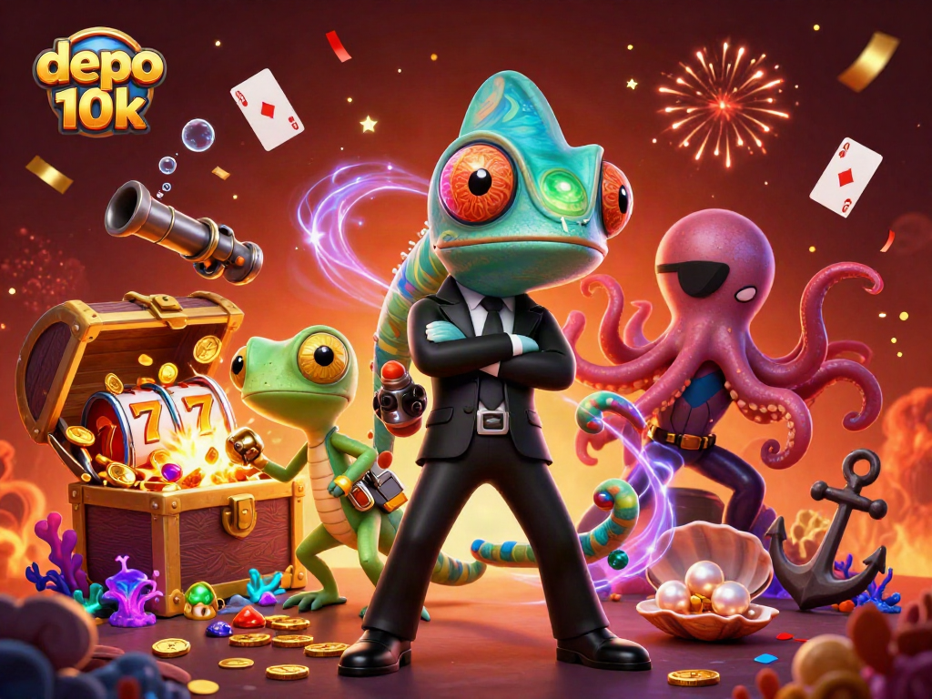 Engage in an exciting casino scene with depo 10k featuring a secret agent chameleon and vibrant game elements.