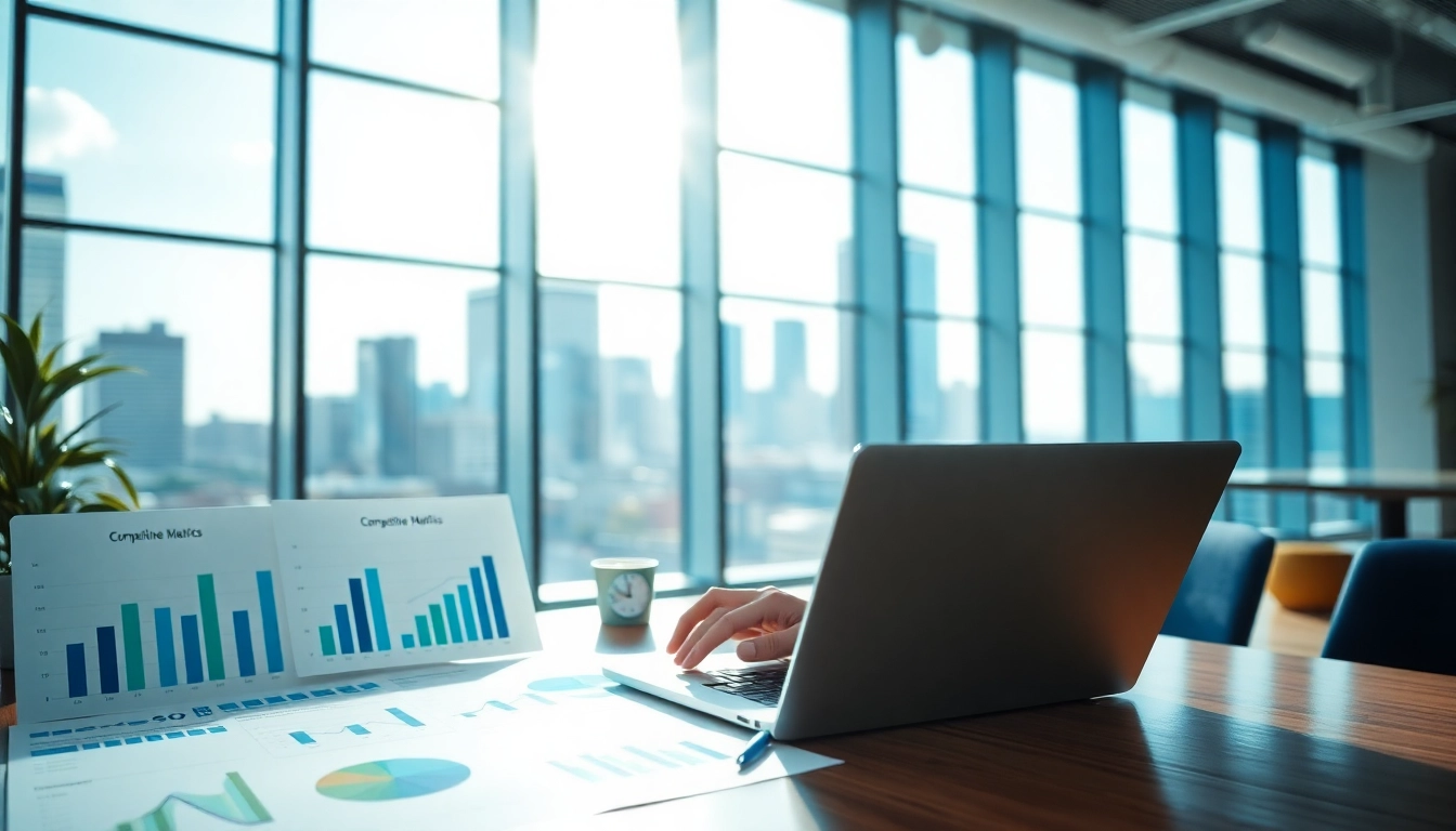 Analyze AI for competitor analysis strategies with a business analyst in a vibrant office