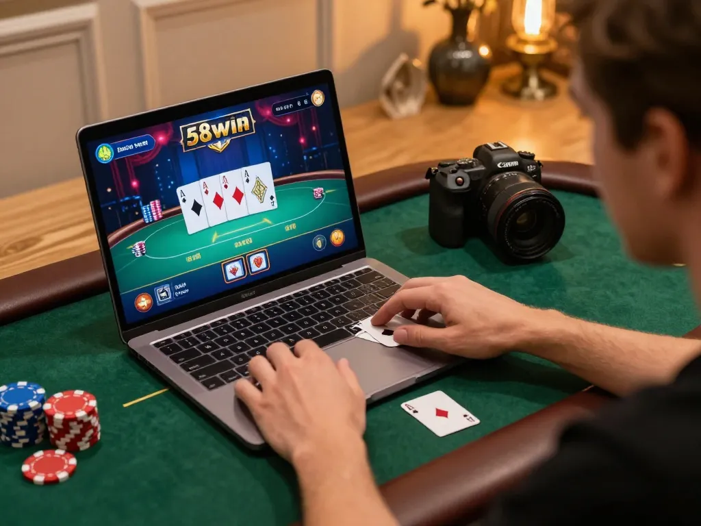 Player enjoying poker on laptop with engaging interface at 58win online casino.