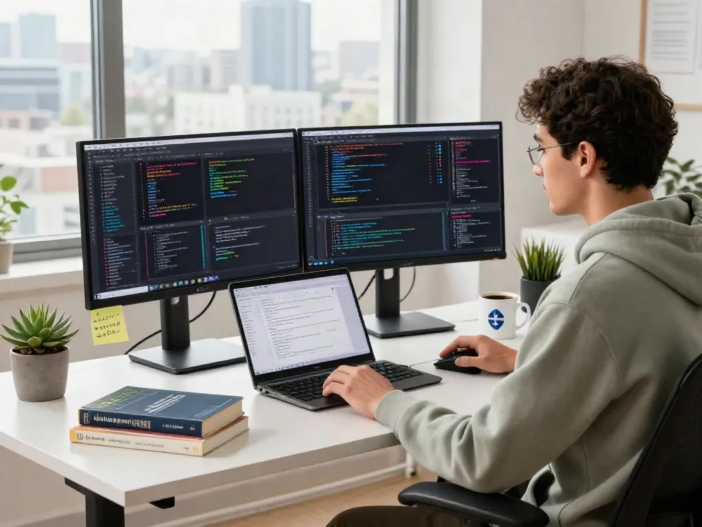 Developer bekerja dengan PG server di ruang kerja modern, monitor menampilkan kode dan visualisasi data.
