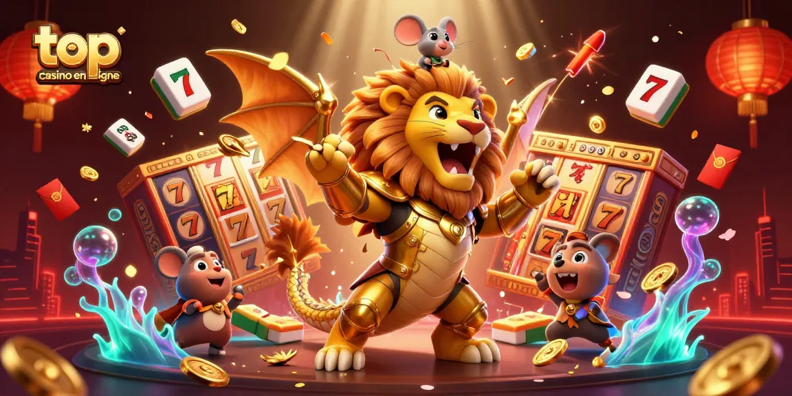 Le meilleur casino en ligne présente une illustration dynamique et colorée d'une chimère en armure, avec des éléments de machines à sous et festivités.