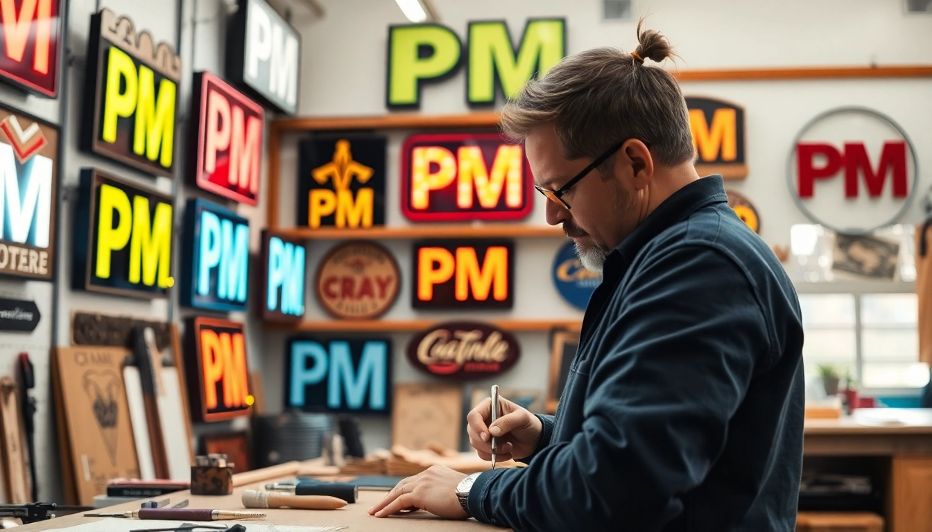 Creating custom pm signs in a vibrant workshop showcasing craftsmanship and professionalism.