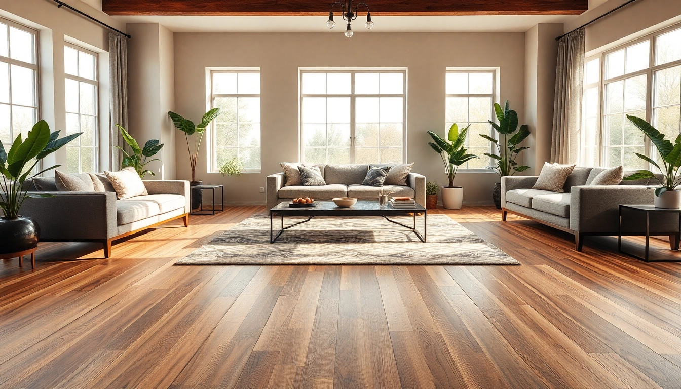 Luxurious living room highlighting luxury vinyl flooring with warm tones and modern decor elements.