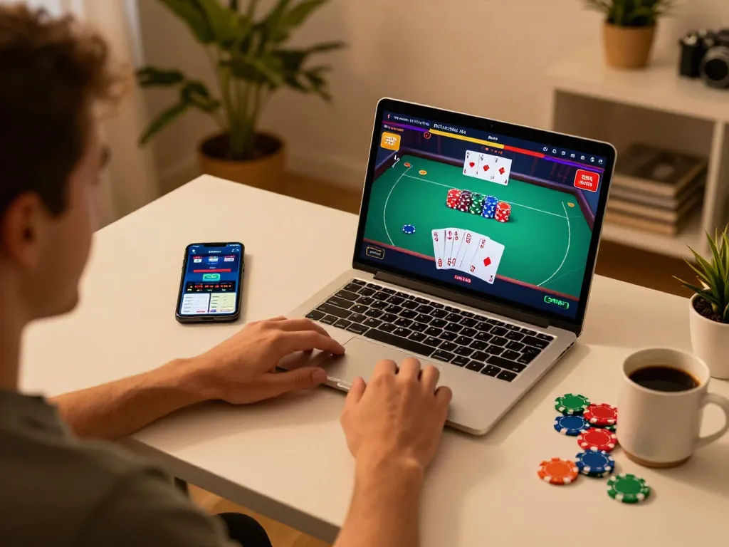 Engaged player enjoying cm88-bet online poker game on laptop with smartphone app alongside