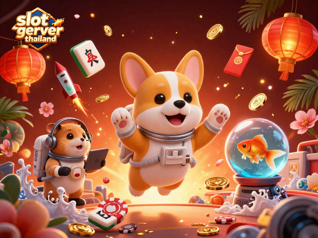 Experience the excitement of slot gacor server thailand with a lively 3D casino scene featuring cartoon characters and gaming elements.