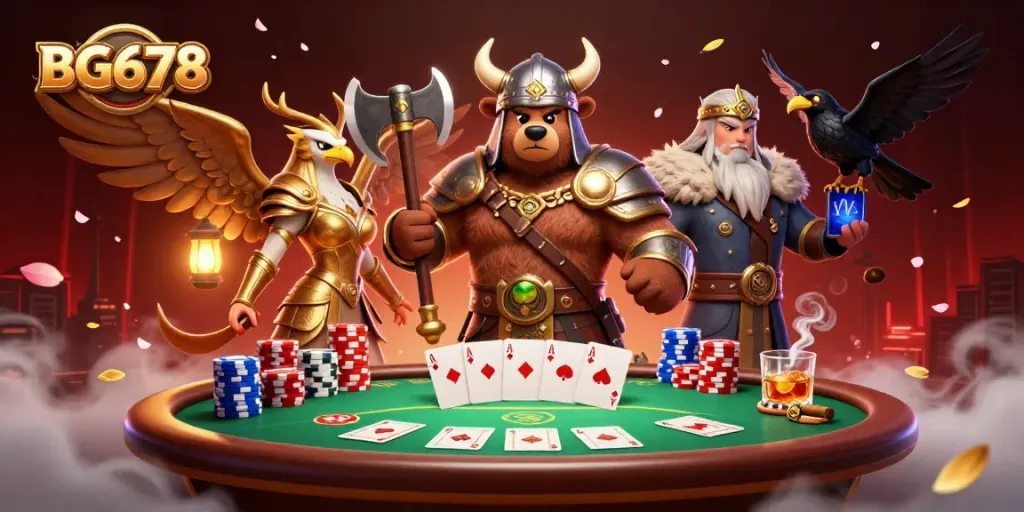 Play exciting games at BG678 with a 3D cartoon Viking and Valkyrie in a vibrant casino scene.