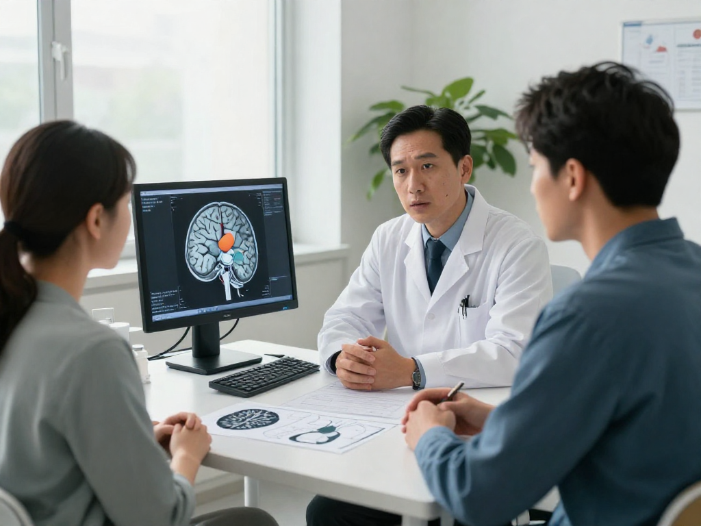 Consultation scene about beyin tümörü ameliyatı with a neurosurgeon and patient discussing surgery.